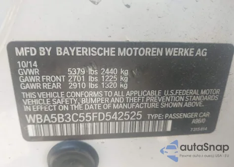 2015 BMW 535I xDrive из США, поврежденный, VIN WBA5B3C55FD542525